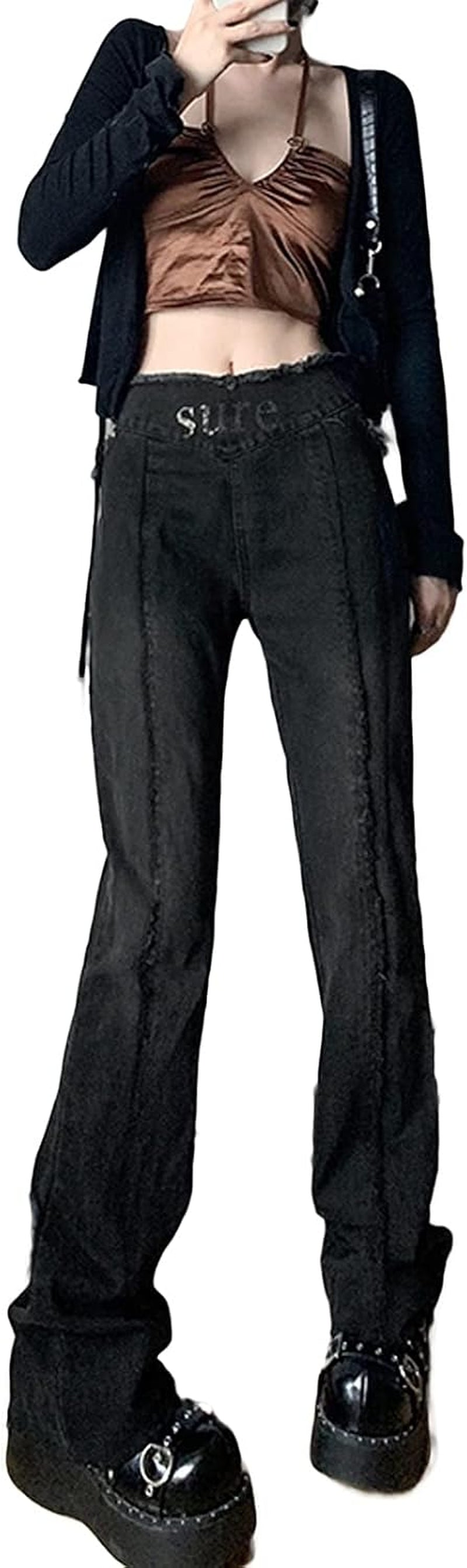 Trendy Y2K Bell Bottom High Waisted Jeans with Rhinestones - Ripped Skinny Boyfriend Pants for a Stylish 90s Streetwear Look