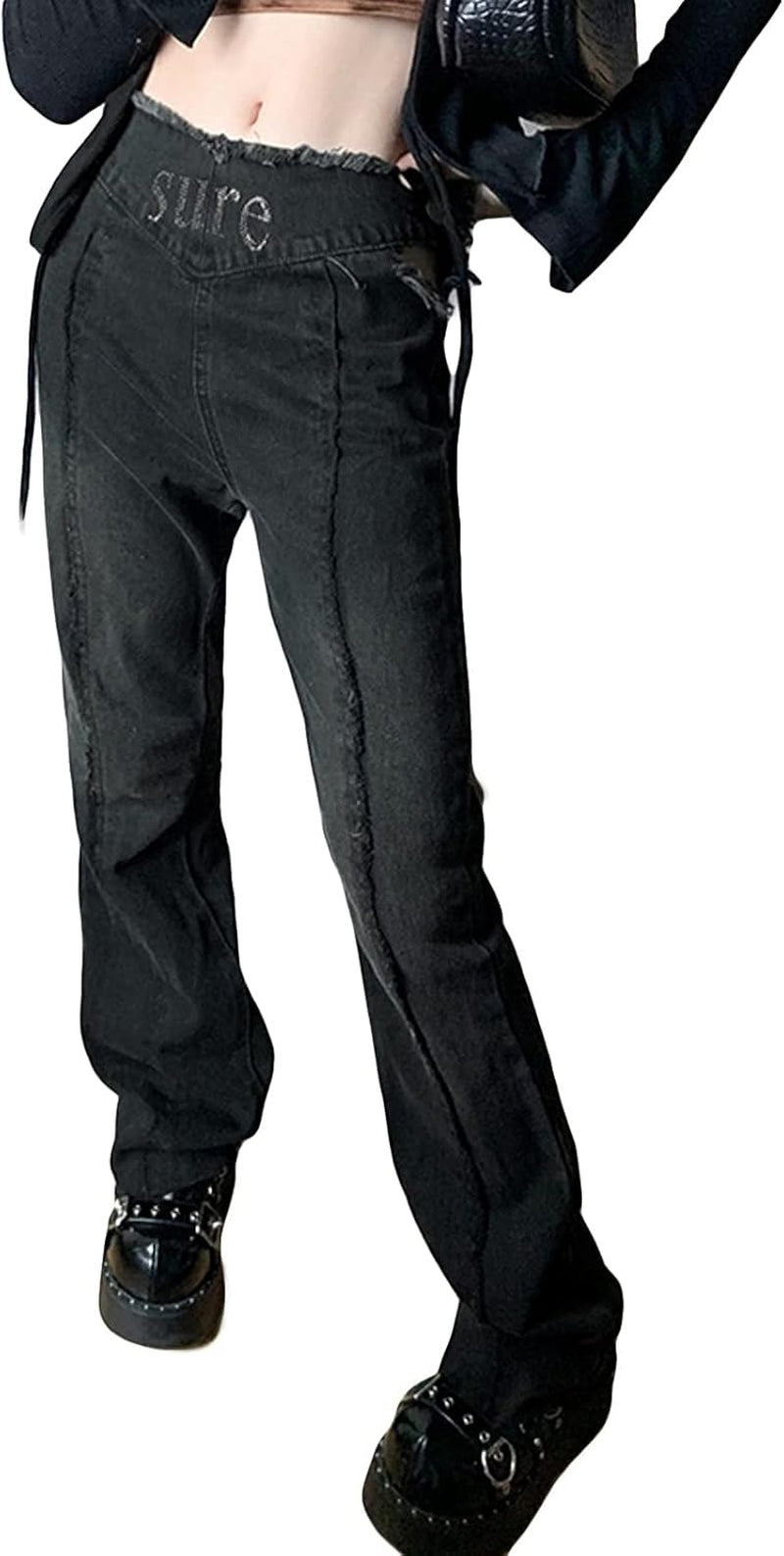 Trendy Y2K Bell Bottom High Waisted Jeans with Rhinestones - Ripped Skinny Boyfriend Pants for a Stylish 90s Streetwear Look