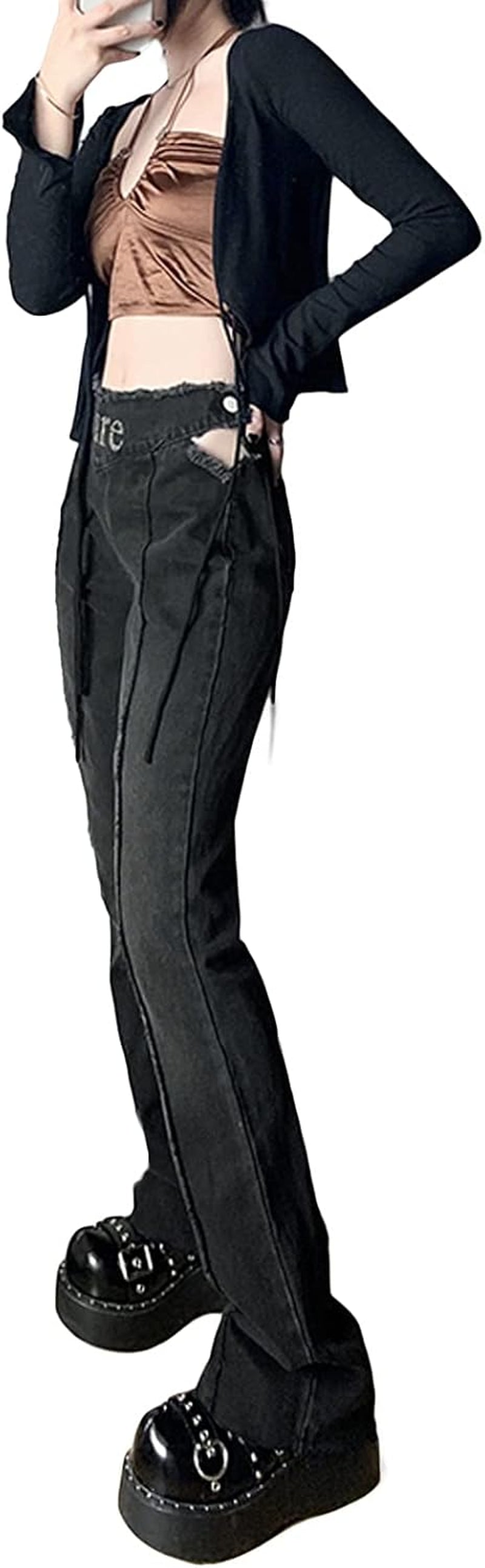 Trendy Y2K Bell Bottom High Waisted Jeans with Rhinestones - Ripped Skinny Boyfriend Pants for a Stylish 90s Streetwear Look