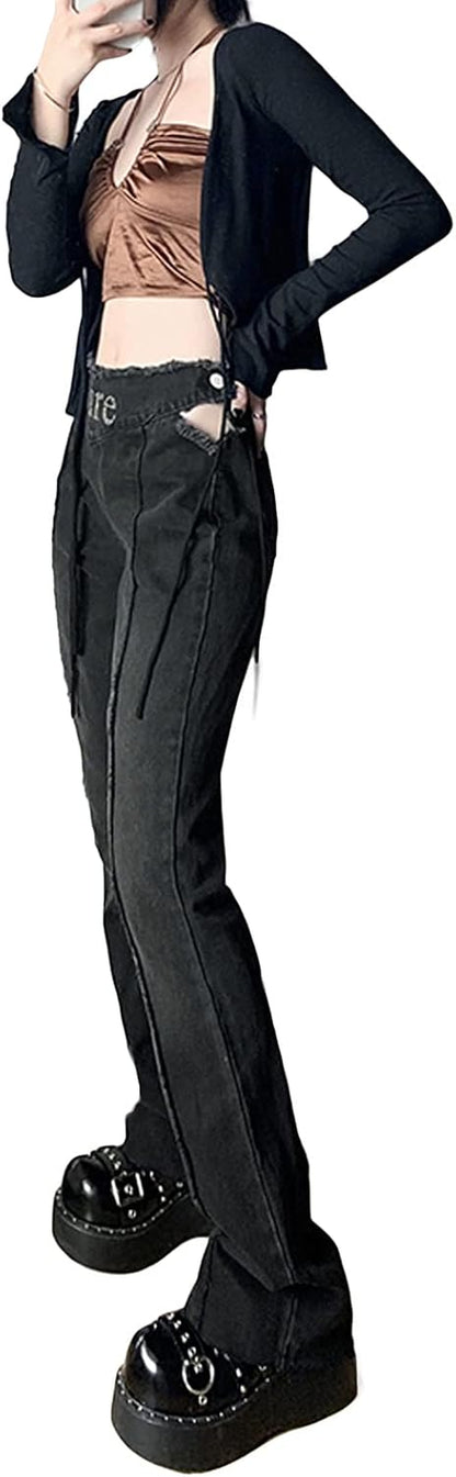 Trendy Y2K Bell Bottom High Waisted Jeans with Rhinestones - Ripped Skinny Boyfriend Pants for a Stylish 90s Streetwear Look