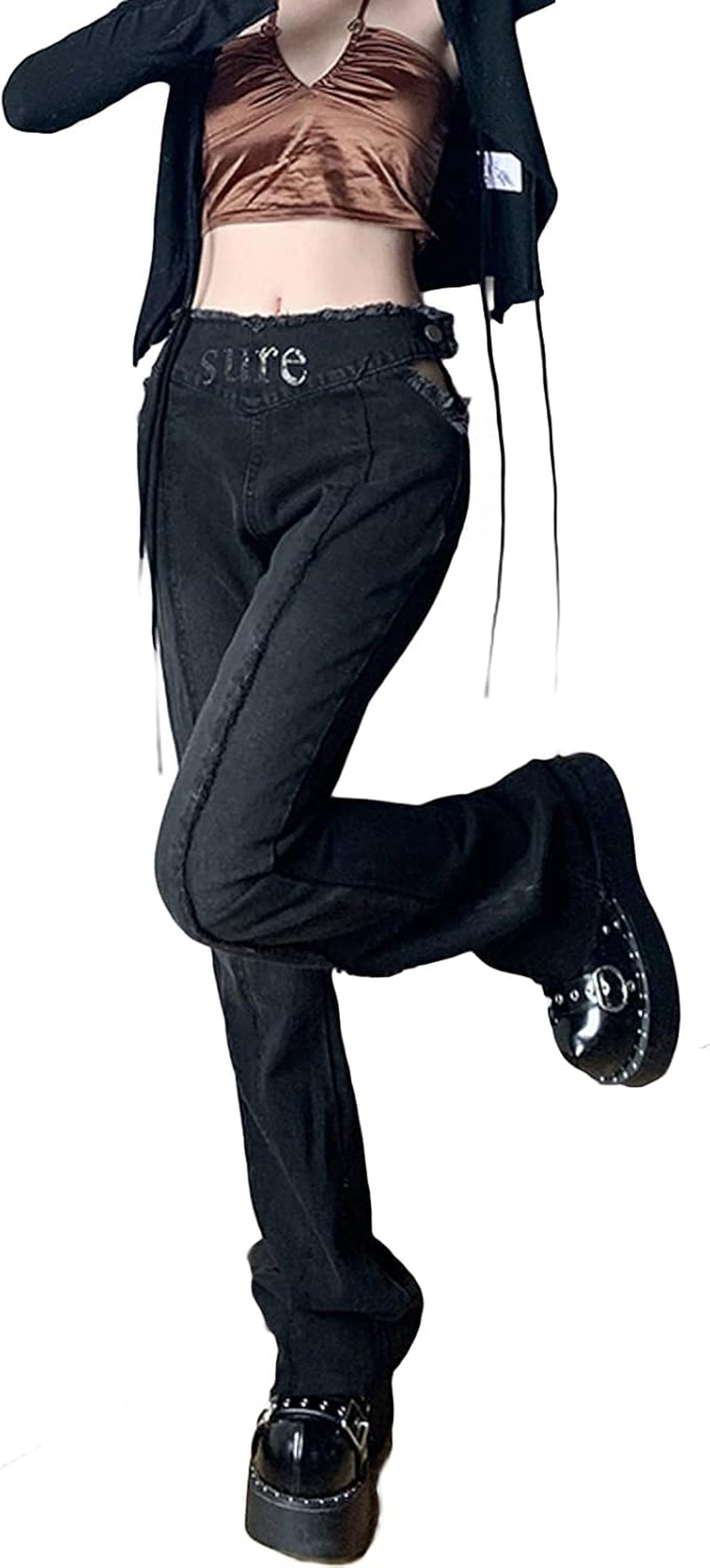 Trendy Y2K Bell Bottom High Waisted Jeans with Rhinestones - Ripped Skinny Boyfriend Pants for a Stylish 90s Streetwear Look