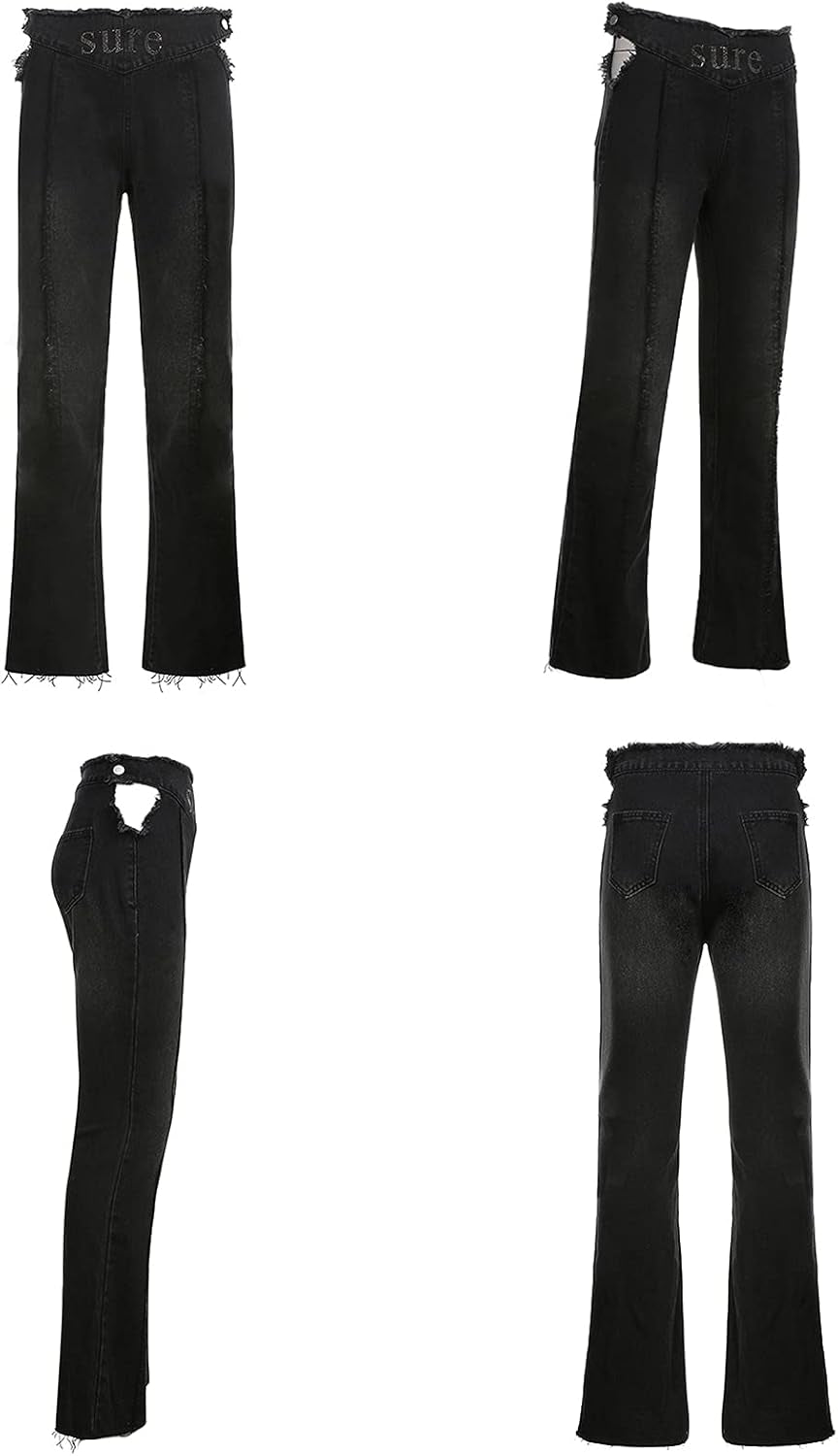 Trendy Y2K Bell Bottom High Waisted Jeans with Rhinestones - Ripped Skinny Boyfriend Pants for a Stylish 90s Streetwear Look