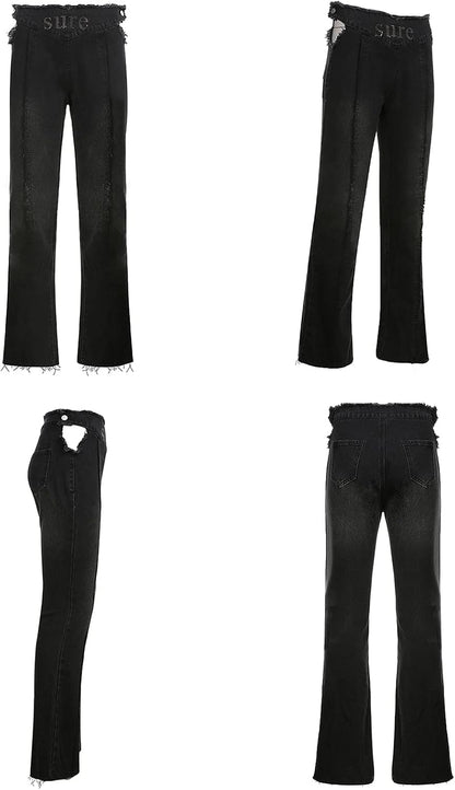 Trendy Y2K Bell Bottom High Waisted Jeans with Rhinestones - Ripped Skinny Boyfriend Pants for a Stylish 90s Streetwear Look