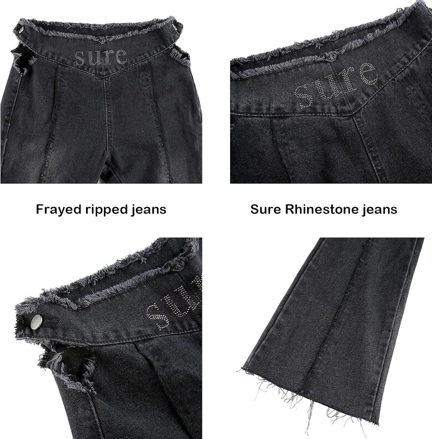 Trendy Y2K Bell Bottom High Waisted Jeans with Rhinestones - Ripped Skinny Boyfriend Pants for a Stylish 90s Streetwear Look