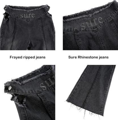 Trendy Y2K Bell Bottom High Waisted Jeans with Rhinestones - Ripped Skinny Boyfriend Pants for a Stylish 90s Streetwear Look