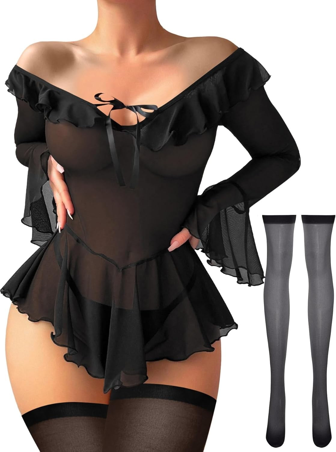 Alluring Off-Shoulder Mesh Sheer Ruffle Bell Long Sleeve Top for Rave Nights