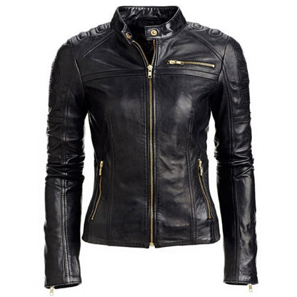 Sleek Women's Slim Fit Black Lambskin Cafe Racer Biker Jacket for Ultimate Style and Comfort