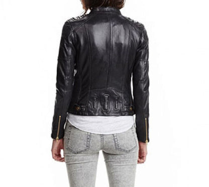 Sleek Women's Slim Fit Black Lambskin Cafe Racer Biker Jacket for Ultimate Style and Comfort