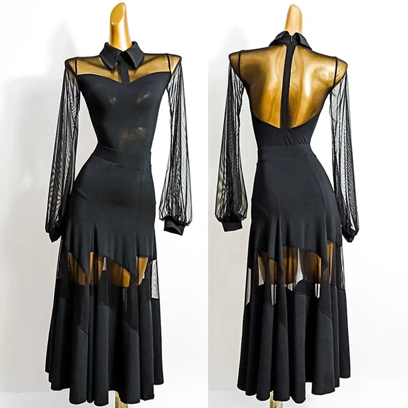 Elegant Black Ballroom Dress with Sheer Mesh - Perfect for Waltz, Flamenco Festivals, and Rave Outfits - DN5933