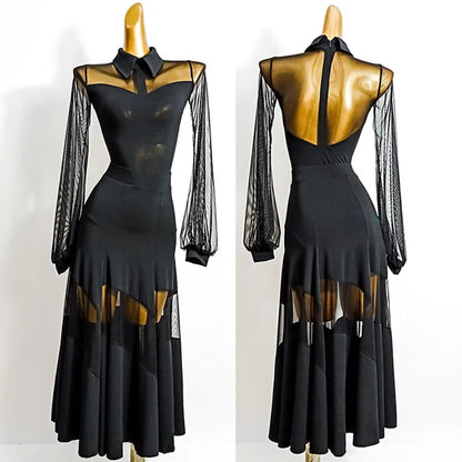 Elegant Black Ballroom Dress with Sheer Mesh - Perfect for Waltz, Flamenco Festivals, and Rave Outfits - DN5933