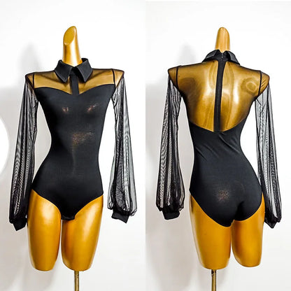 Elegant Black Ballroom Dress with Sheer Mesh - Perfect for Waltz, Flamenco Festivals, and Rave Outfits - DN5933