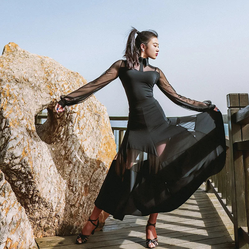 Elegant Black Ballroom Dress with Sheer Mesh - Perfect for Waltz, Flamenco Festivals, and Rave Outfits - DN5933