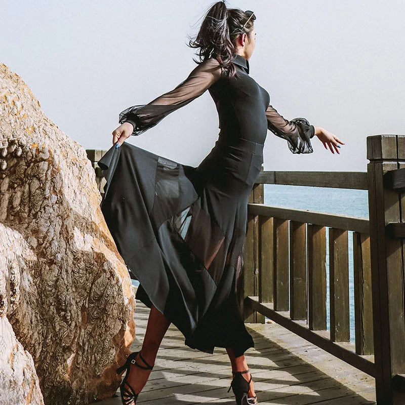 Elegant Black Ballroom Dress with Sheer Mesh - Perfect for Waltz, Flamenco Festivals, and Rave Outfits - DN5933