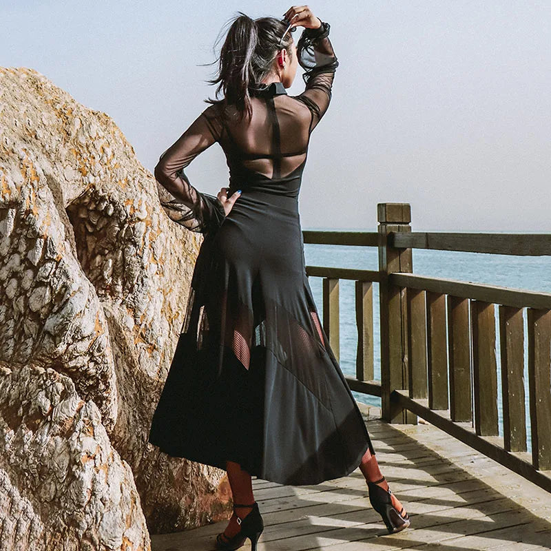 Elegant Black Ballroom Dress with Sheer Mesh - Perfect for Waltz, Flamenco Festivals, and Rave Outfits - DN5933